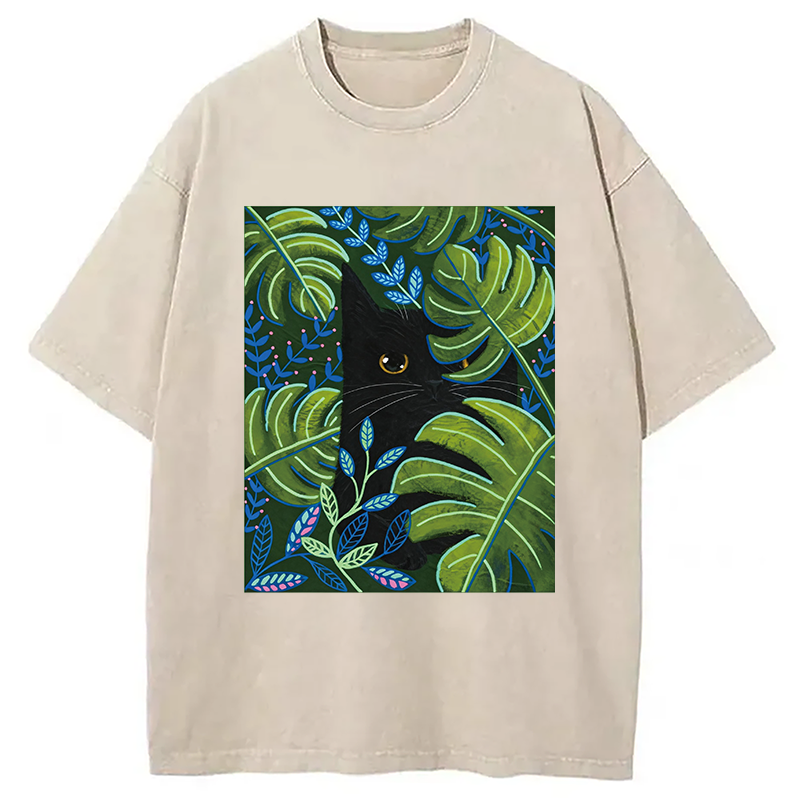 Modecanvas Cat In The Monstera DTG Printing Washed T-Shirt