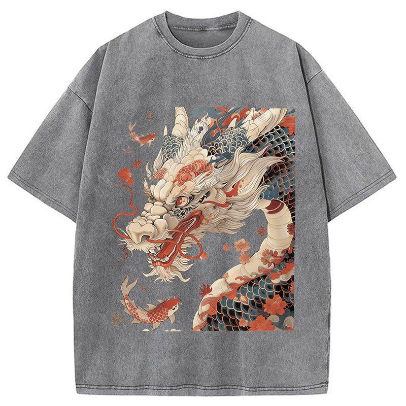 Modecanvas Dragon Koi Fish DTG Printing Washed T-Shirt