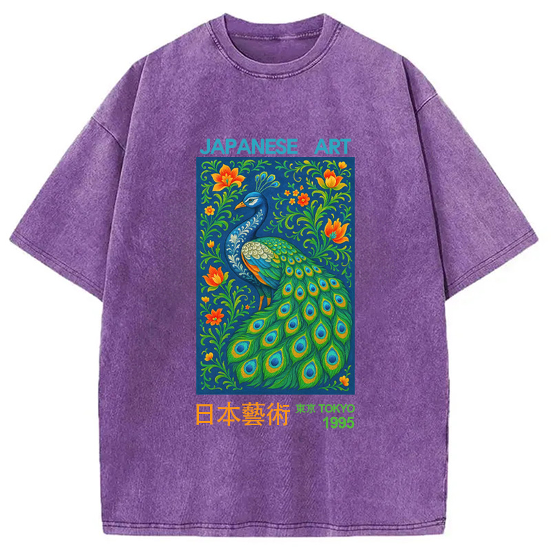 Modecanvas Majestic Peacock Japanese Art Washed T-Shirt