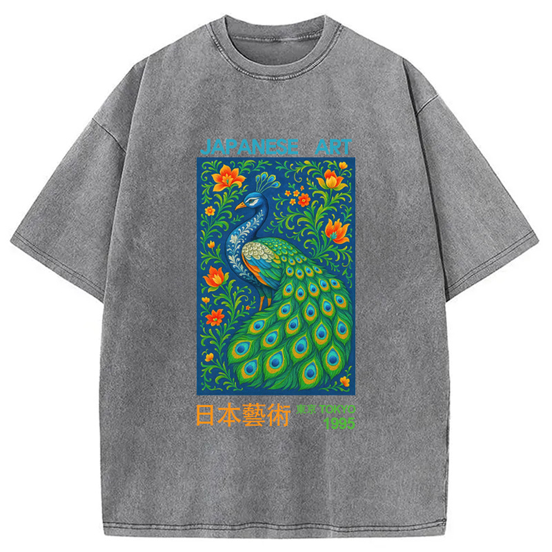 Modecanvas Majestic Peacock Japanese Art Washed T-Shirt