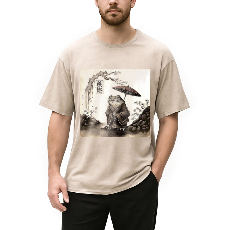 Modecanvas Rainy Day Frog DTG Printing Washed T-Shirt-modecanvas