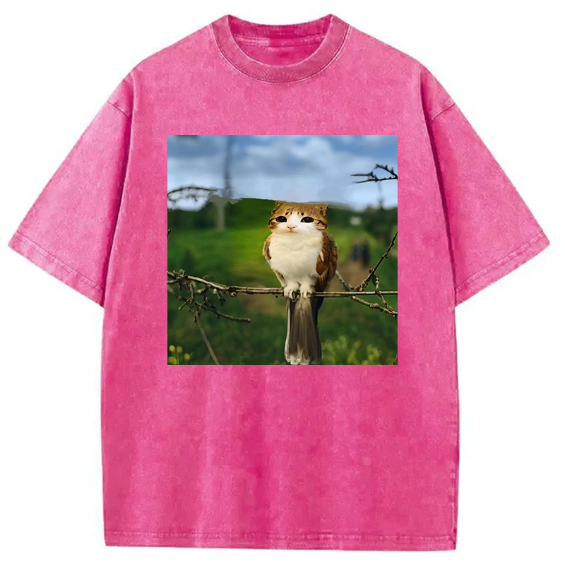 Modecanvas Funny Cat Owl Meme DTG Printing Washed T-Shirt
