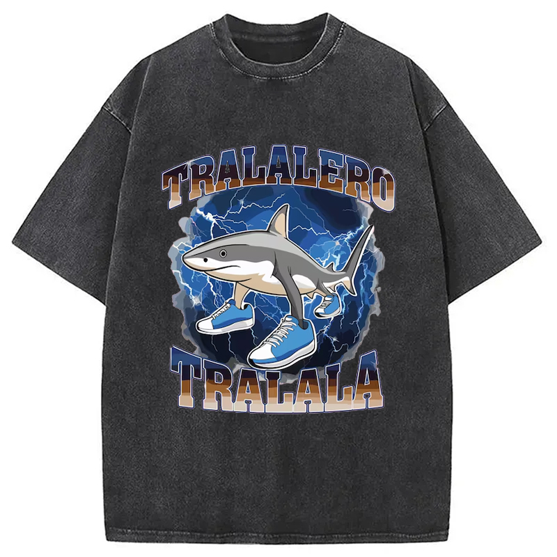 Modecanvas Tralalero Tralala Funny Shark Meme Washed T-Shirt-modecanvas