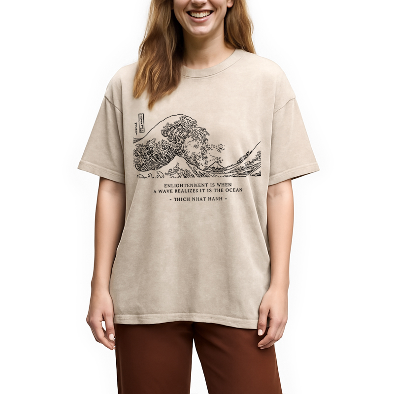 Modecanvas Enlightenment Quote Great Wave DTG Printing Washed T-Shirt