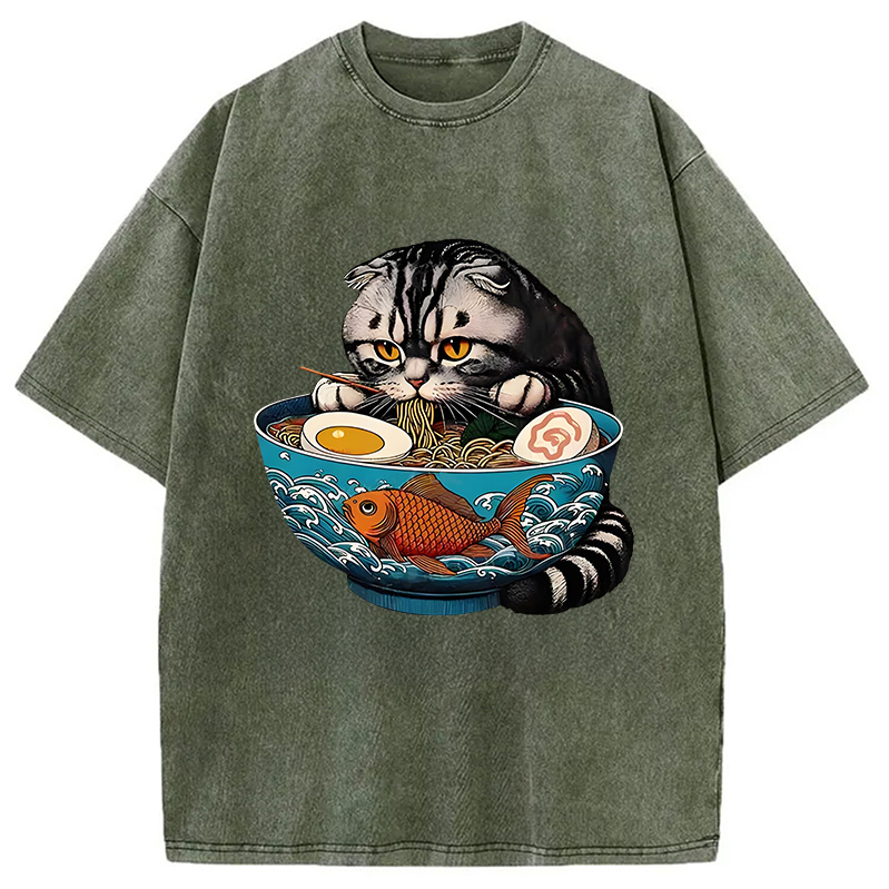 Modecanvas American Shorthair Cat Eating Ramen Washed T-Shirt