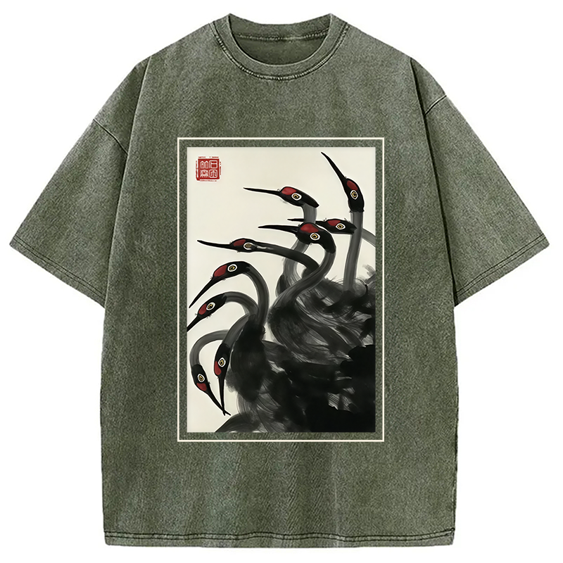 Modecanvas Retro Red Crowned Crane Washed T-Shirt