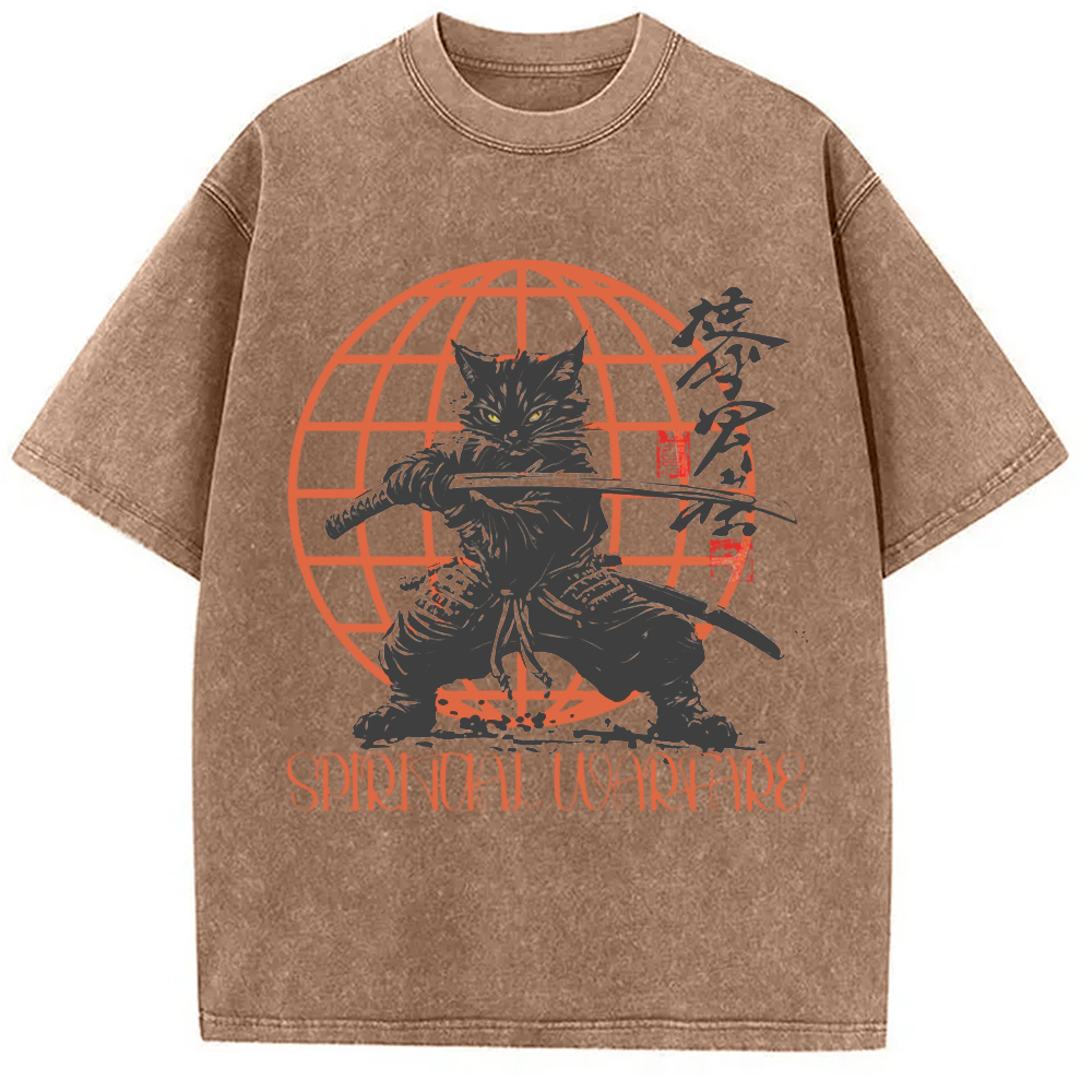 Modecanvas Samurai Cat Spiritual Warfare Washed T-Shirt