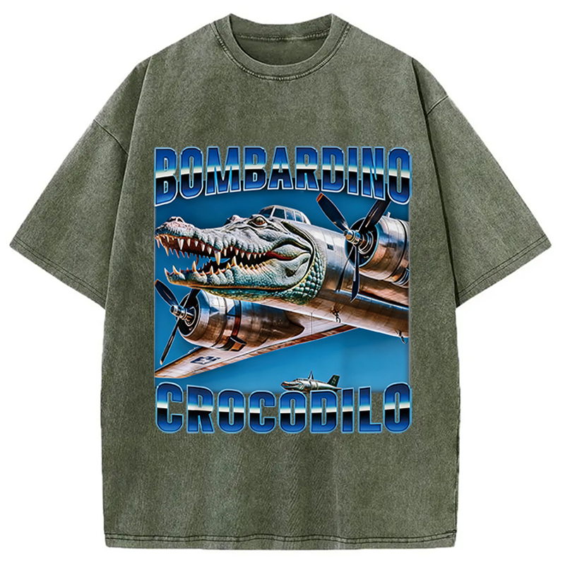 Modecanvas Bombardino Crocodilo Italian Brainrot Meme DTG Printing Washed T-Shirt