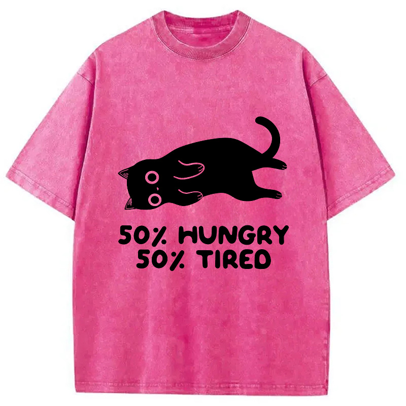Modecanvas Hungry Tired Black Cat Funny Washed T-Shirt