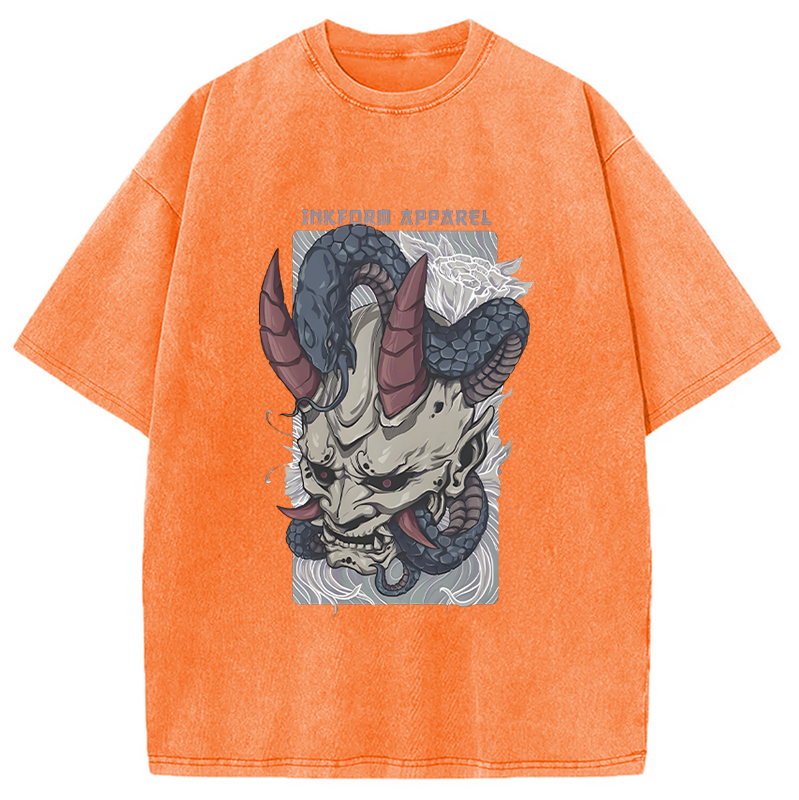 Modecanvas White Oni Mask with Snake Washed T-Shirt