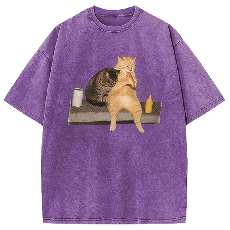 Modecanvas Cat Eating Hot Dog Washed T-Shirt