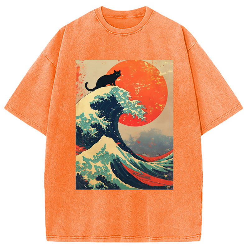 Modecanvas Black Cat On Great Wave Washed T-Shirt