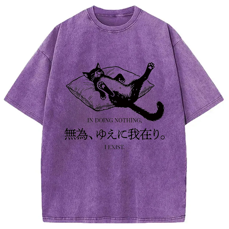 Modecanvas Minimalist Lazy Cat DTG Printing Washed T-Shirt-modecanvas