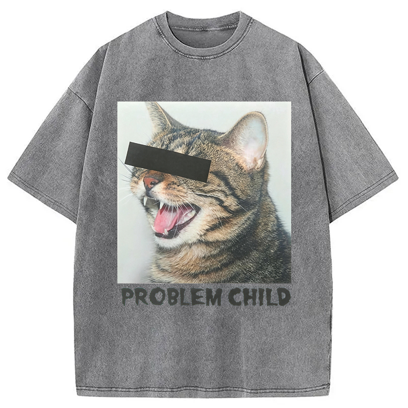 Modecanvas Problem Child Cat Washed T-Shirt-modecanvas