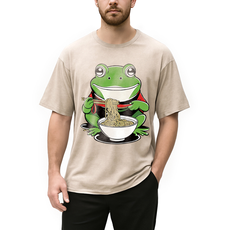 Modecanvas Cute Frog Eating Ramen DTG Printing Washed T-Shirt