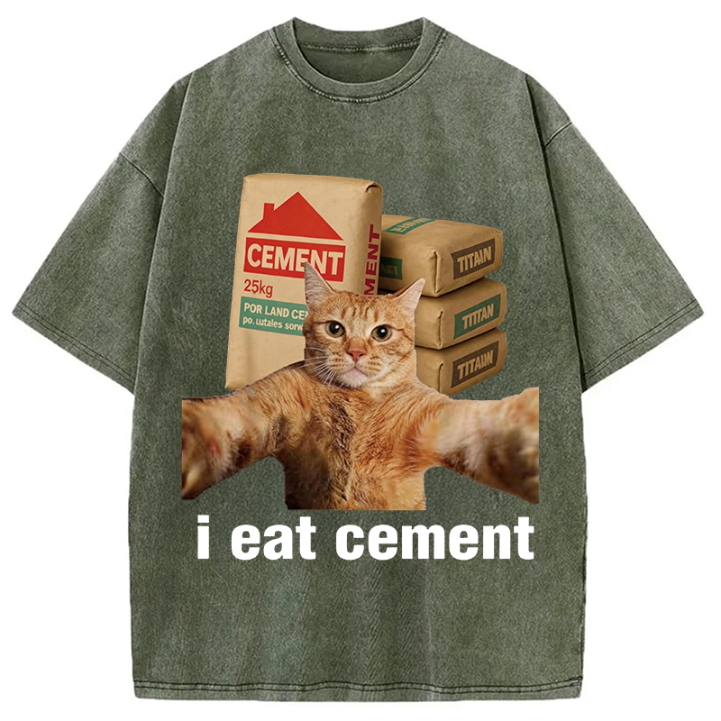 Modecanvas I EAT CEMENT Funny Cat Meme DTG Printing Washed T-Shirt