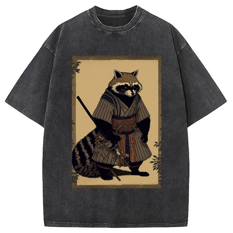 Modecanvas japanese Raccoon Samurai Washed T-Shirt