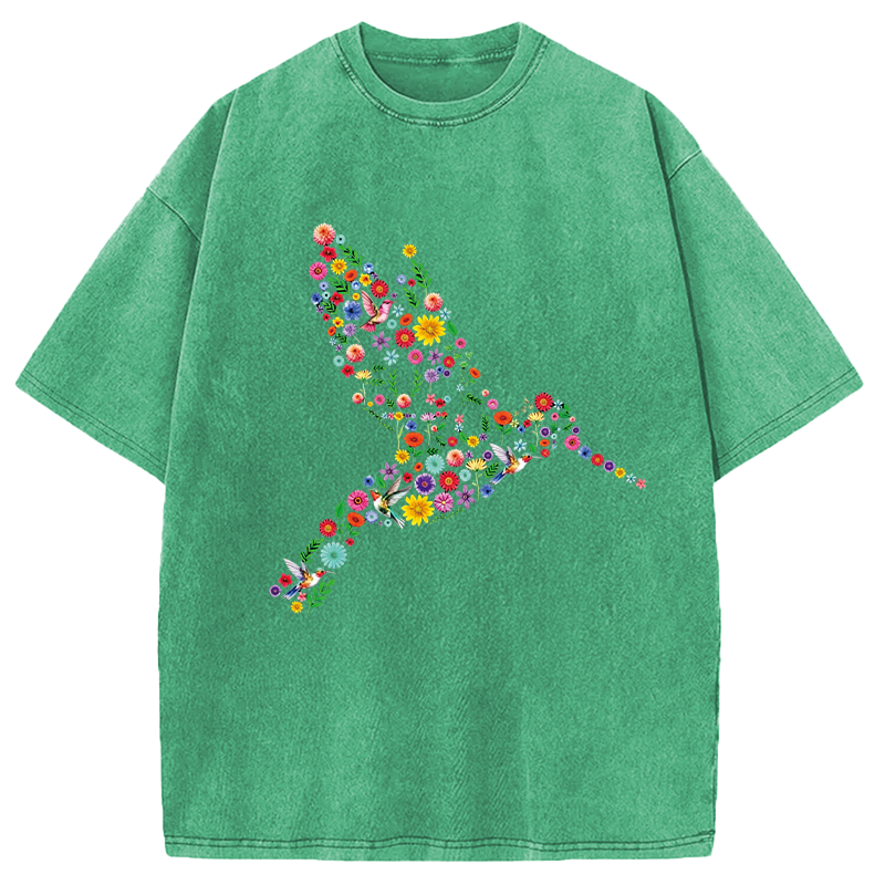 Modecanvas Floral Hummingbird DTG Printing Washed T-Shirt