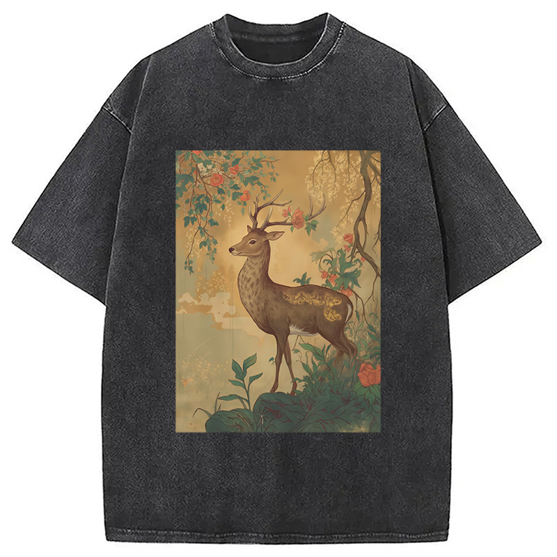 Modecanvas Graceful Japanese Deer Washed T-Shirt