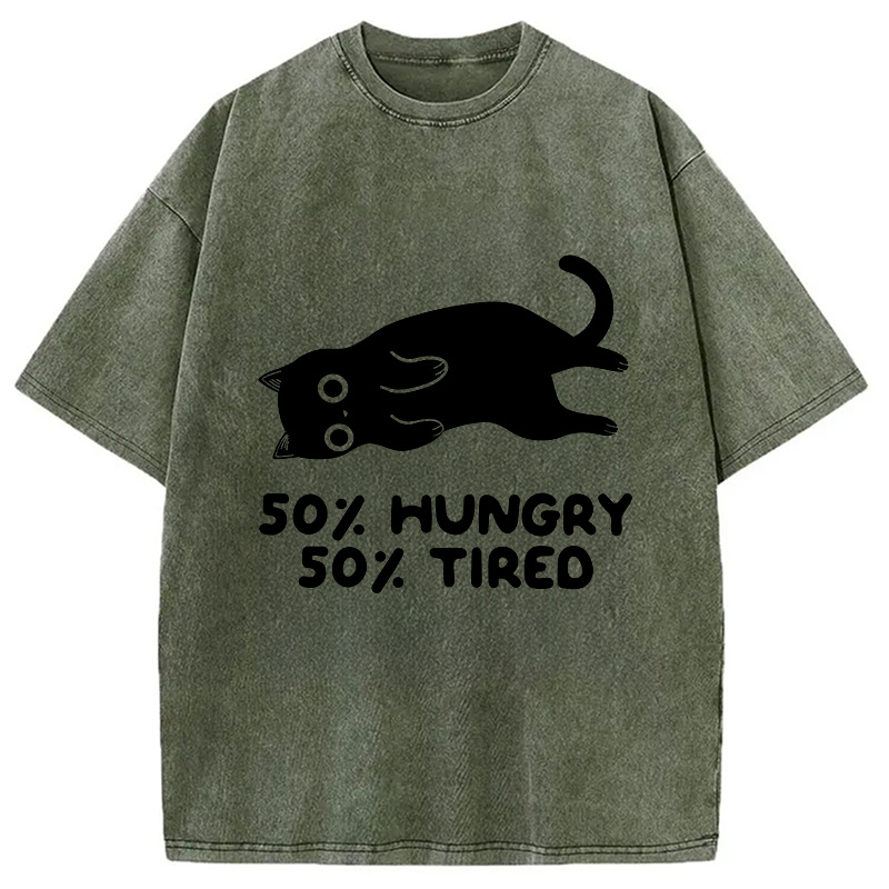Modecanvas Hungry Tired Black Cat Funny Washed T-Shirt