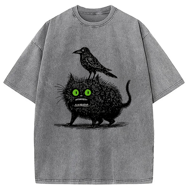 Modecanvas Crow And Black Cat Washed T-Shirt