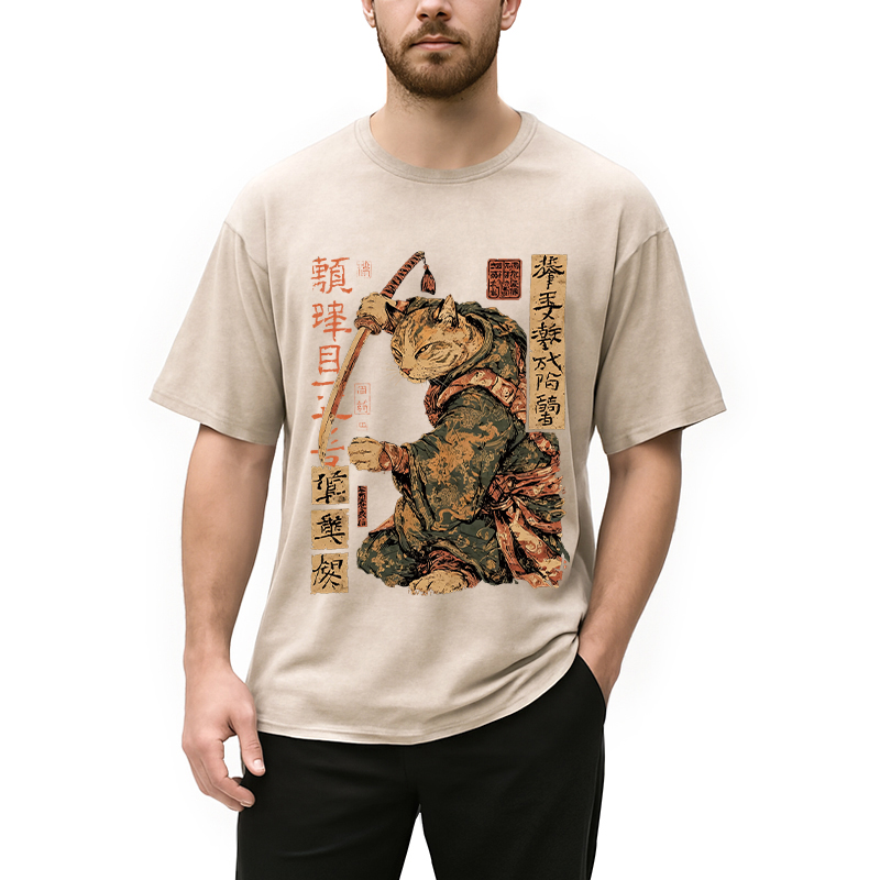 Modecanvas Japanese Katana Warrior Cat DTG Printing Washed T-Shirt-modecanvas