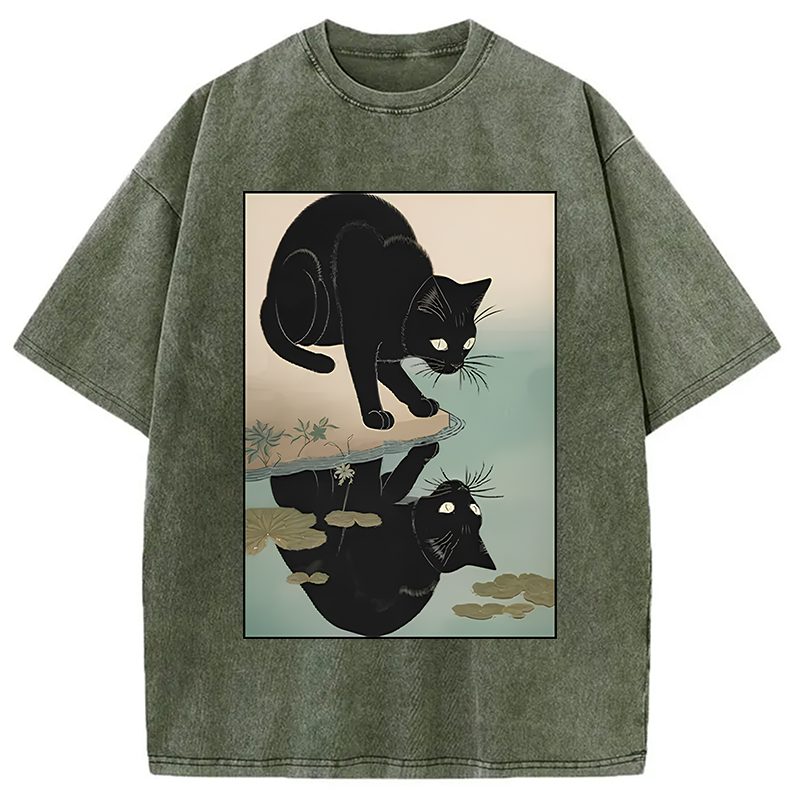Modecanvas Cat Drinking River Water Washed T-Shirt