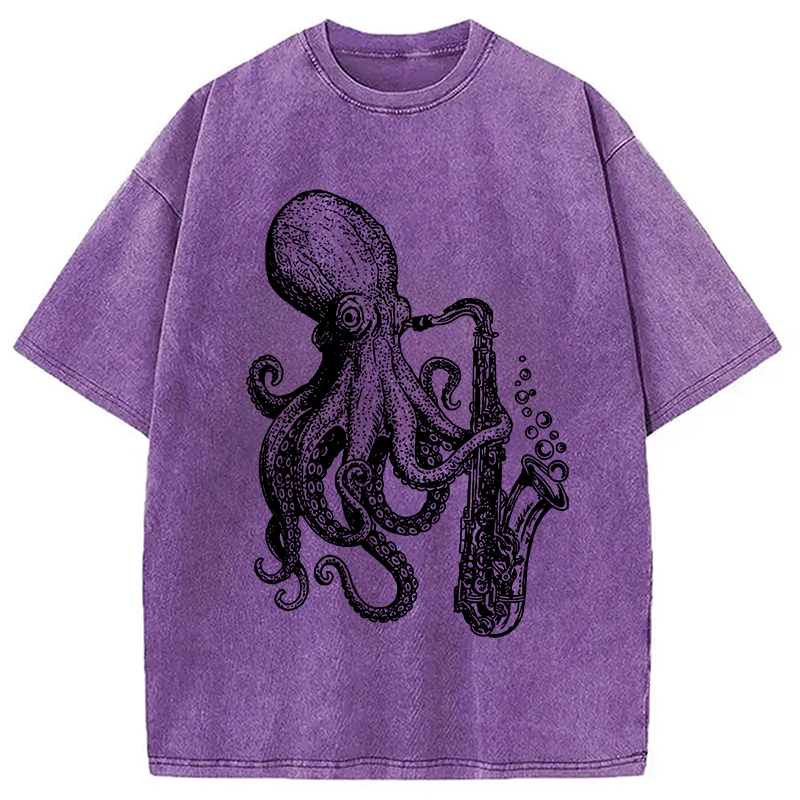 Modecanvas Octopus Playing Saxophone Washed T-Shirt