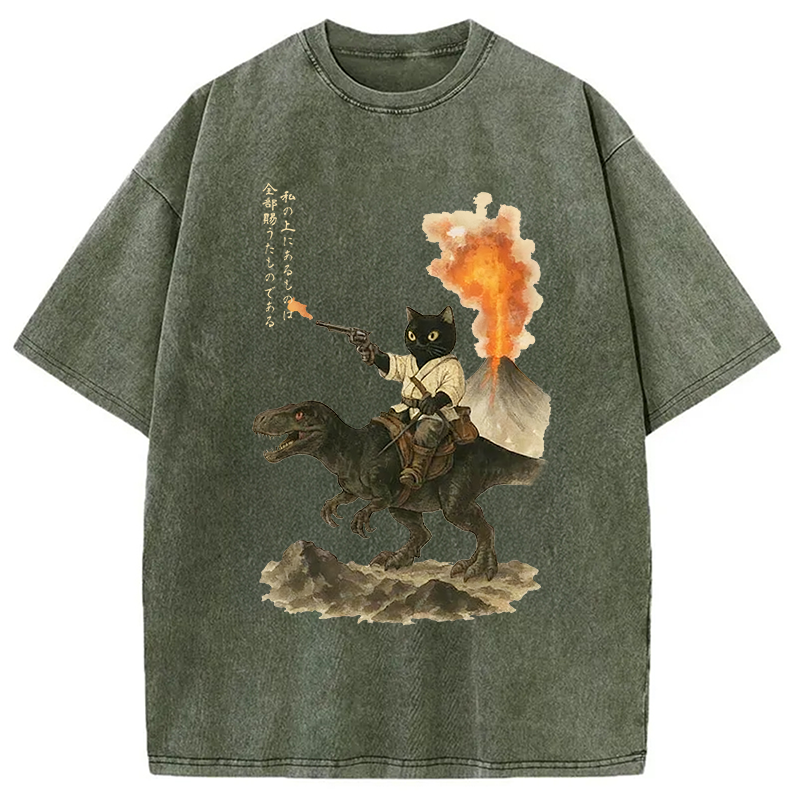 Modecanvas Cat Riding A Dinosaur Washed T-Shirt-modecanvas