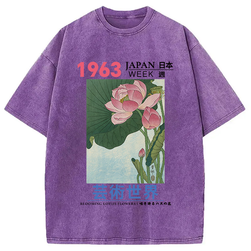 Modecanvas Blooming Lotus Flowers DTG Printing Washed T-Shirt