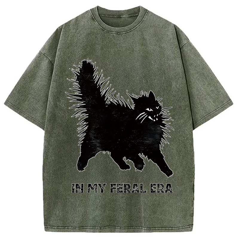 Modecanvas Wild Black Cat DTG Printing Washed T-Shirt