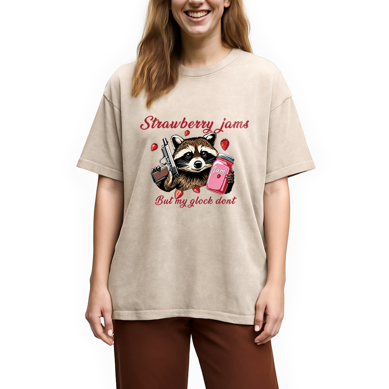 Modecanvas Strawberry Jams Raccoon DTG Printing Washed T-Shirt