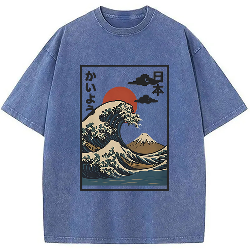 Modecanvas Ocean Wave Sun Japan Washed T-Shirt