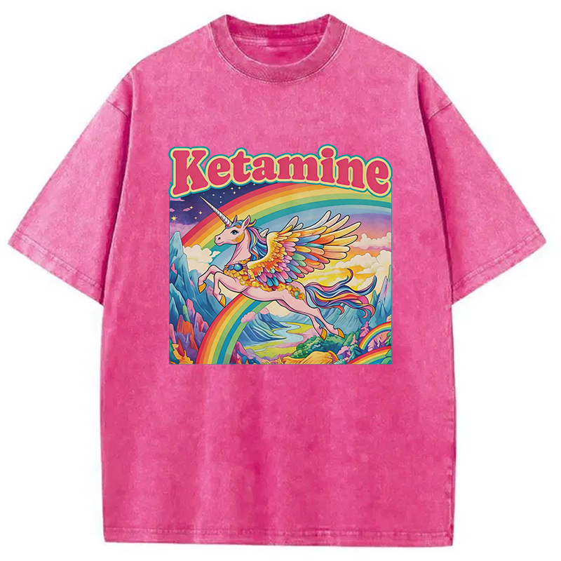 Modecanvas Ketamine Rainbow Unicorn Funny Meme DTG Printing Washed T-Shirt