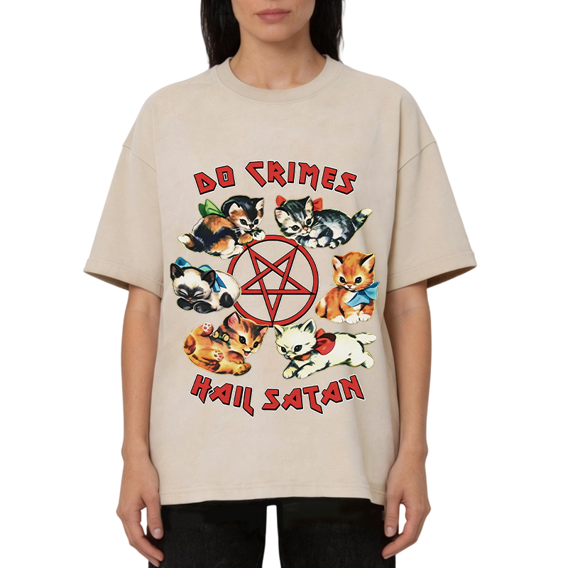 Modecanvas Cute Cats Do Crimes Hail Satan DTG Printing Washed T-Shirt