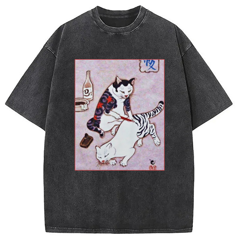Modecanvas Japanese Tattoo Cat Washed T-Shirt