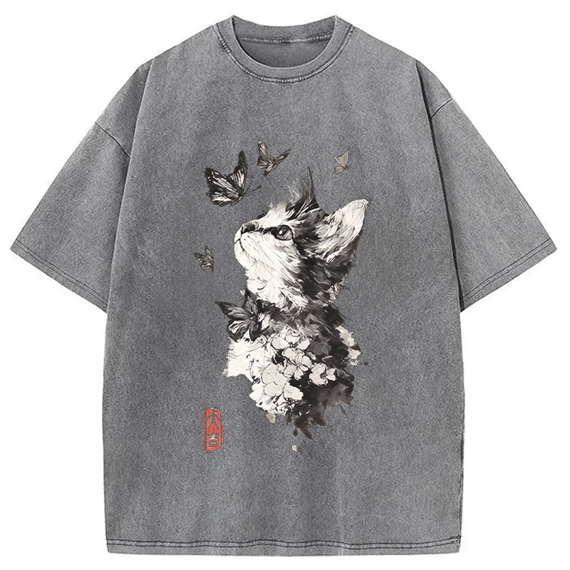 Modecanvas Butterfly and Cat Gaze DTG Printing Washed T-Shirt-modecanvas