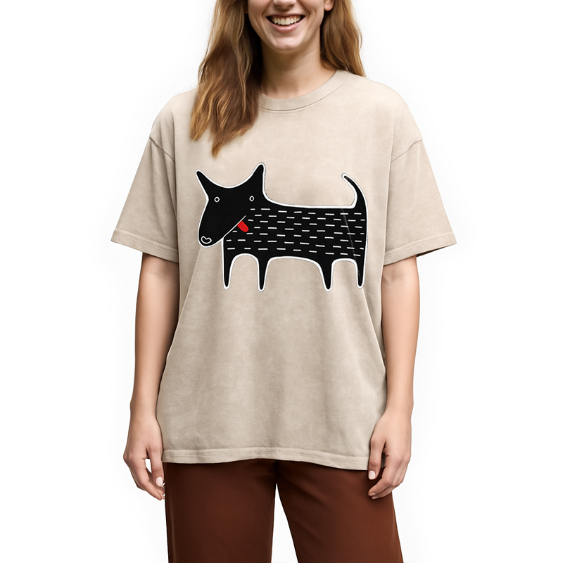 Modecanvas Black Dog Kawaii Folk Art DTG Printing Washed T-Shirt