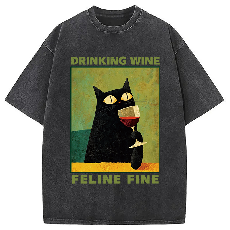 Modecanvas Drinking Wine Feline Wine DTG Printing Washed T-Shirt