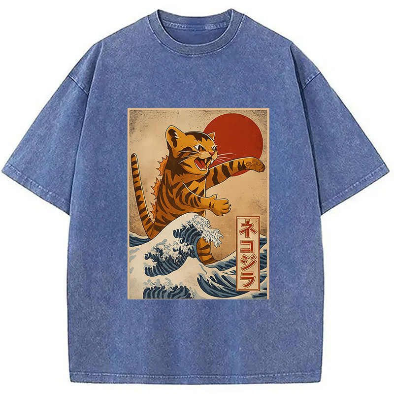 Modecanvas Catzilla Orange Cat Japanese Vintage Washed T-Shirt