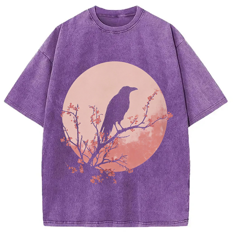 Modecanvas Crow Pink Moon DTG Printing Washed T-Shirt