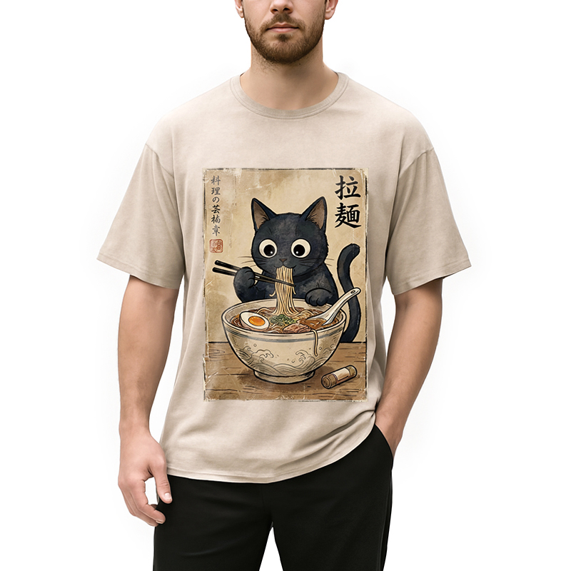 Modecanvas Kawaii Ramen Cat Retro DTG Printing Washed T-Shirt
