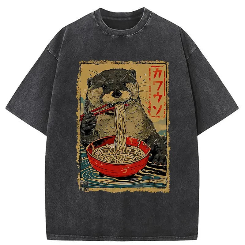 Modecanvas Otter Eating Ramen Japan Washed T-Shirt