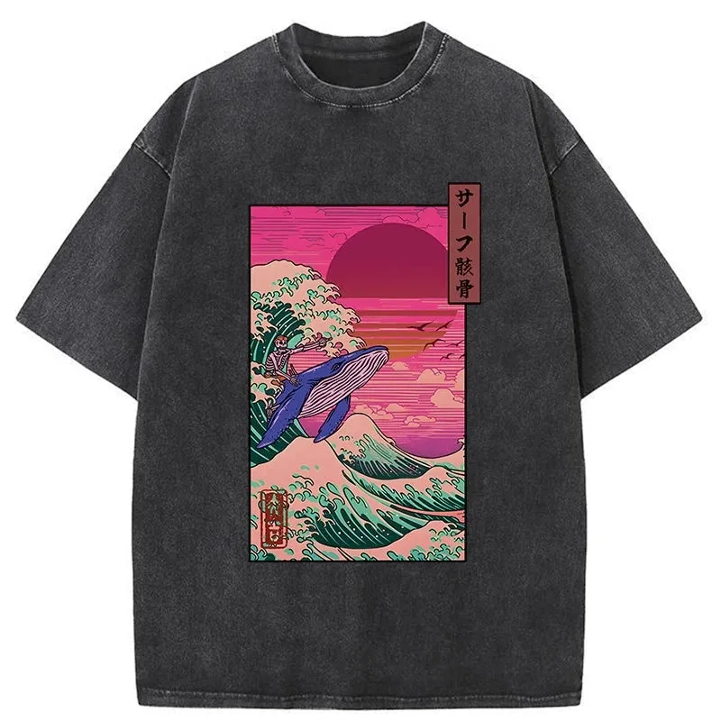 Modecanvas Skeleton Surfing With A Whale Washed T-Shirt