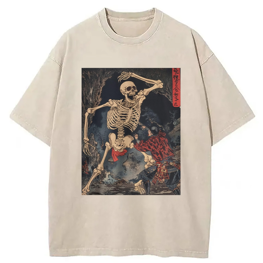 Modecanvas Japanese Horror Skeleton DTG Printing Washed T-Shirt-modecanvas