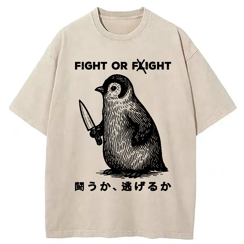 Modecanvas Funny Fight Or Flight Washed T-Shirt-modecanvas