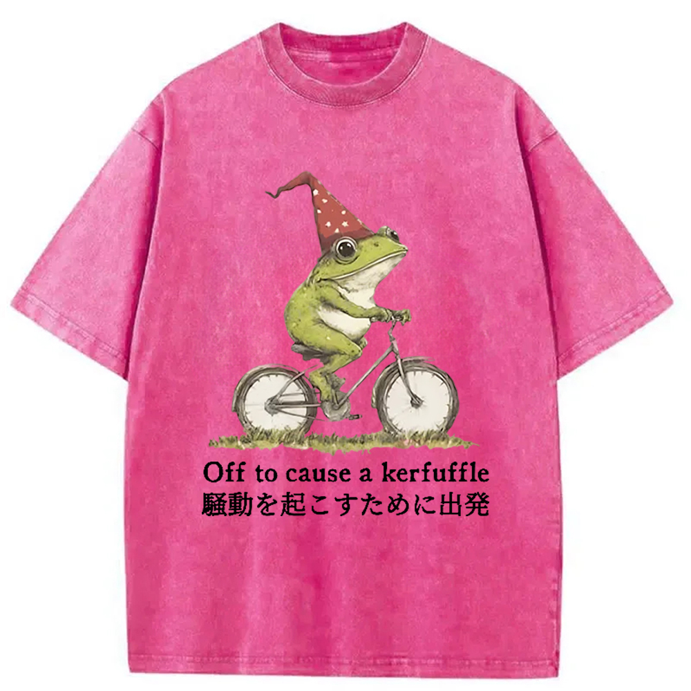 Modecanvas Frog Riding A Bicycle Washed T-Shirt