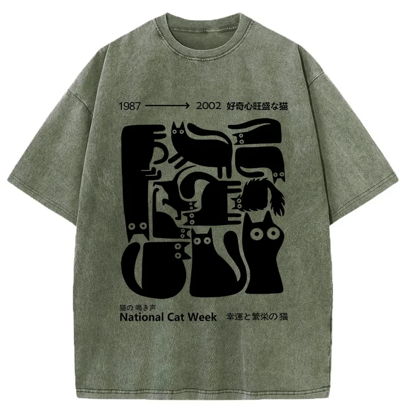 Modecanvas Curious Funny Cat Washed T-Shirt