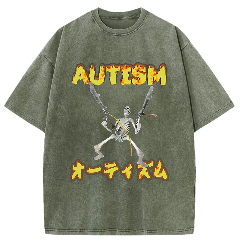 Modecanvas Autism Funny Skeleton DTG Printing Washed T-Shirt-modecanvas
