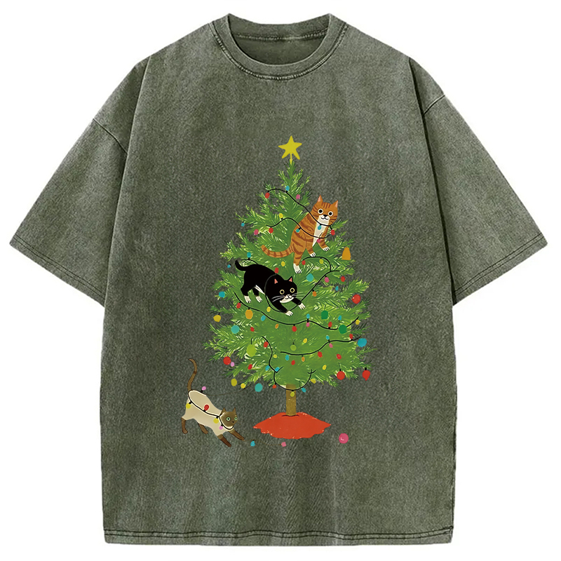 Modecanvas Cats Playing On The Christmas Tree Washed T-Shirt